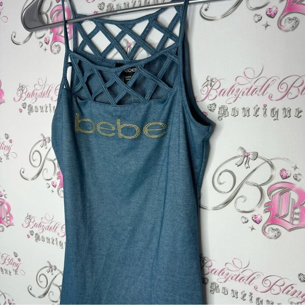 Bebe Blue Strappy Women's Top criss cross denim blue jean style gold bling